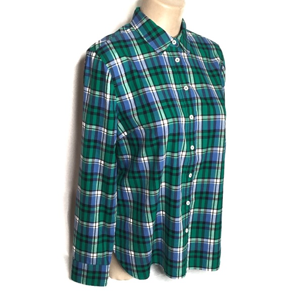 TALBOTS Button Down Shirt Cotton Long Sleeve Plaid Blue White Green Size MP - Picture 2 of 11